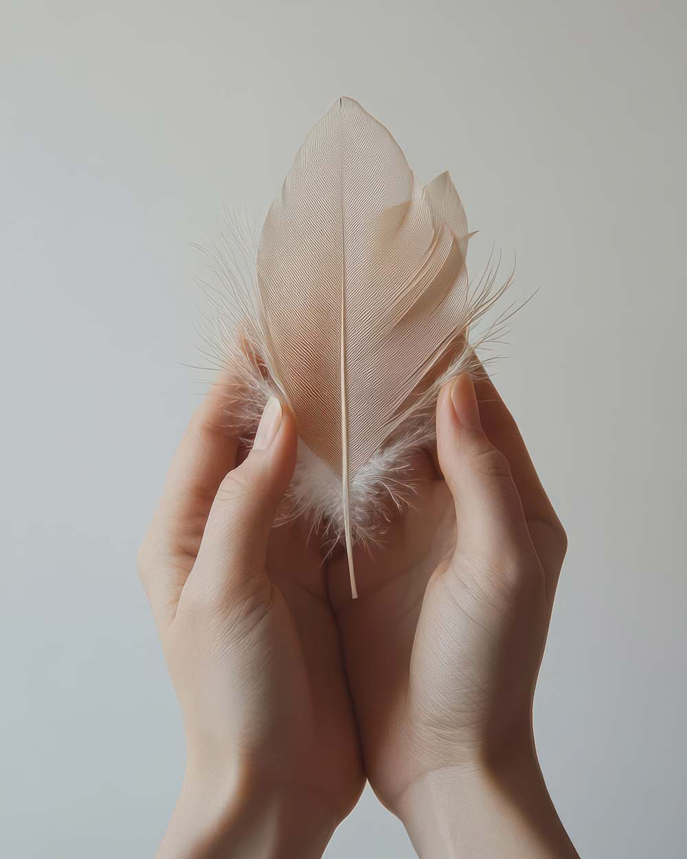 Hands softly holding feather