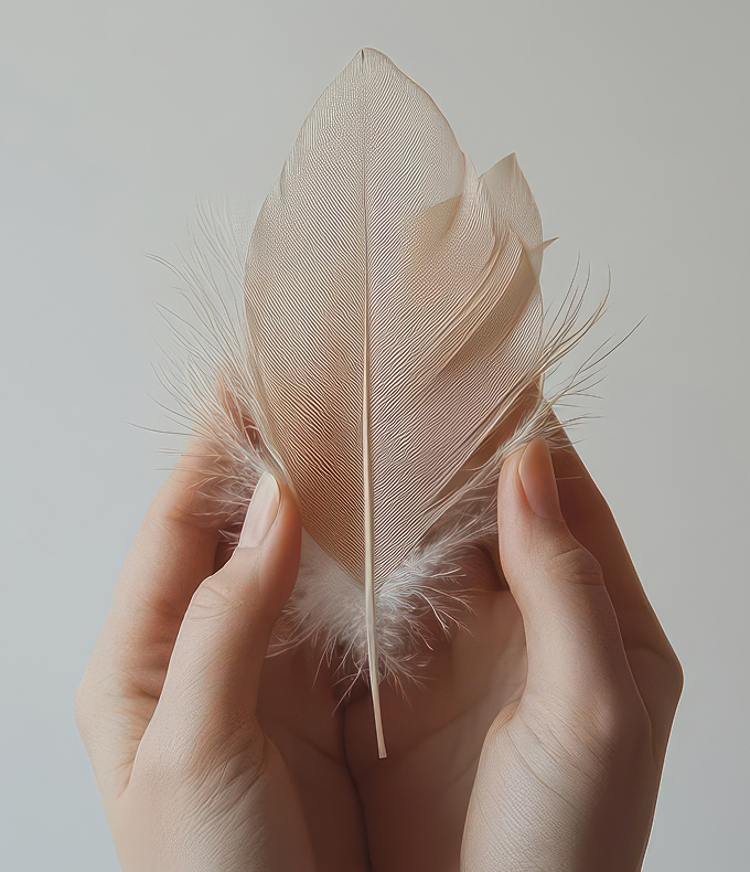 Two-hands-softly-cradling-tiny-bird-feather-white-background-with-space-text-lightness-fragility 1